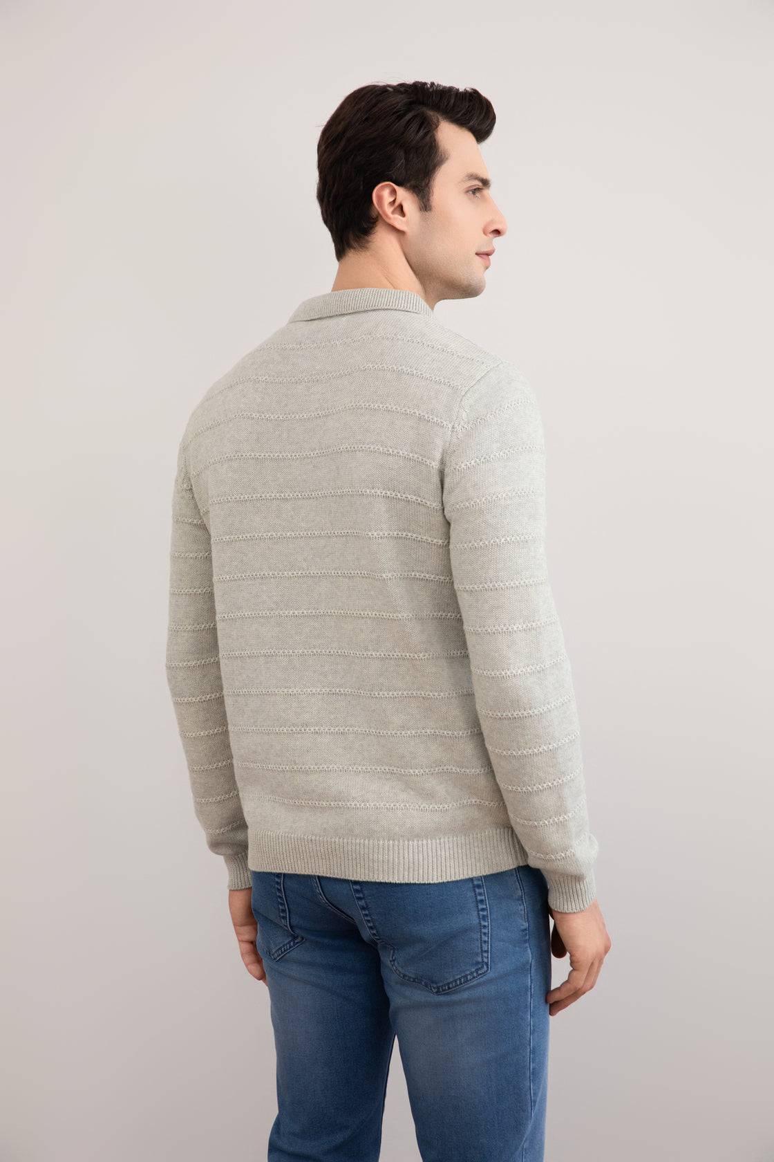 Grey Mélange Knit Texture Open Polo Sweater - Tour&Tate