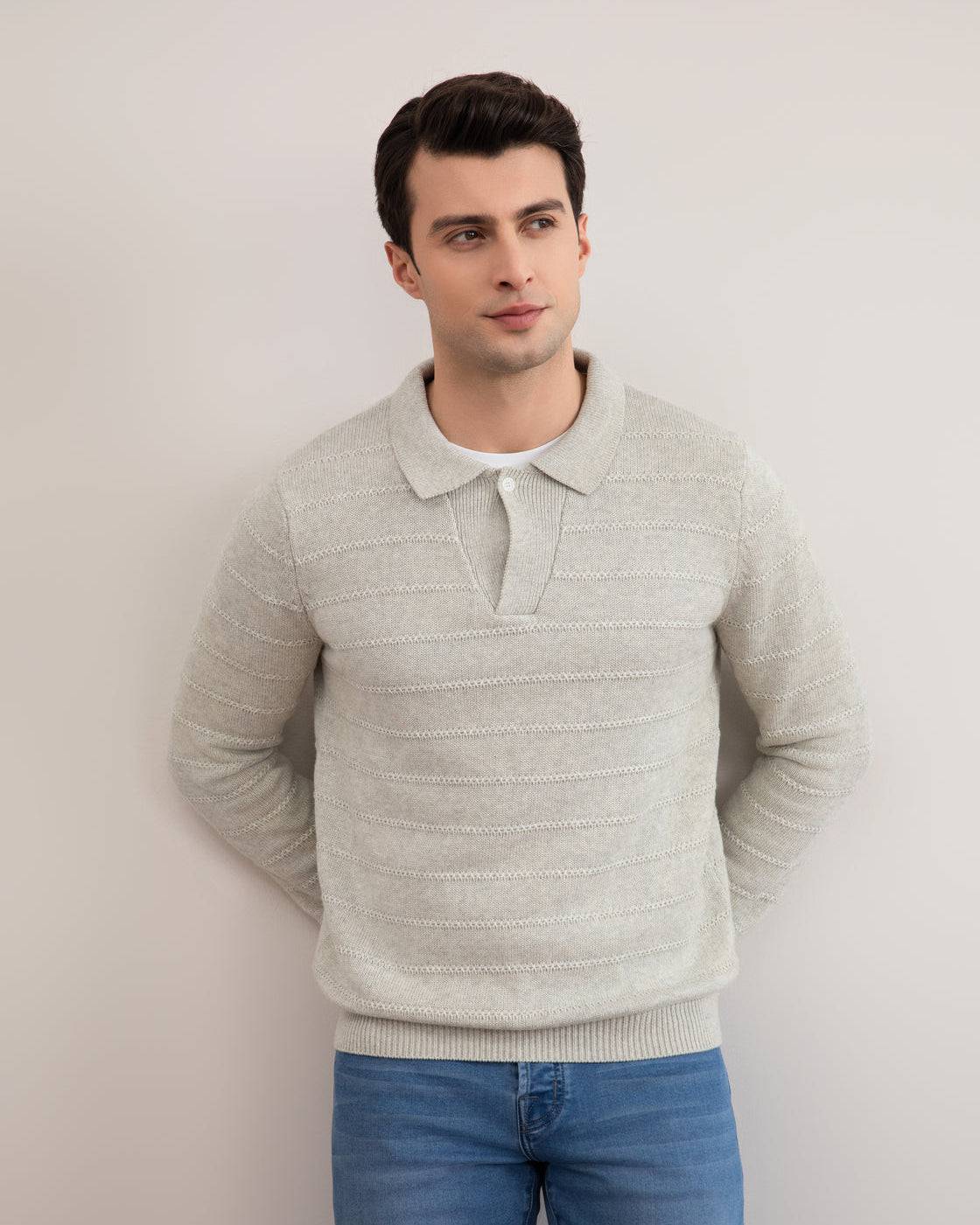 Grey Mélange Knit Texture Open Polo Sweater - Tour&Tate