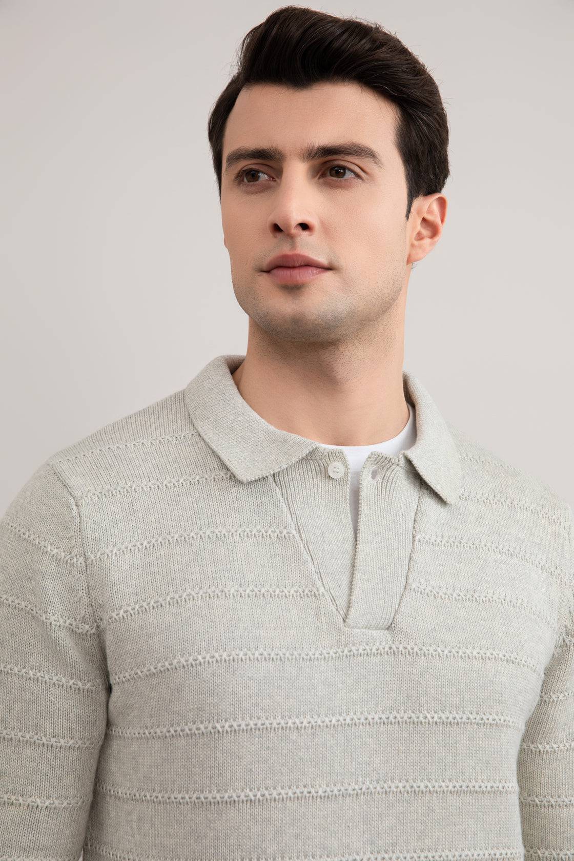 Grey Mélange Knit Texture Open Polo Sweater - Tour&Tate