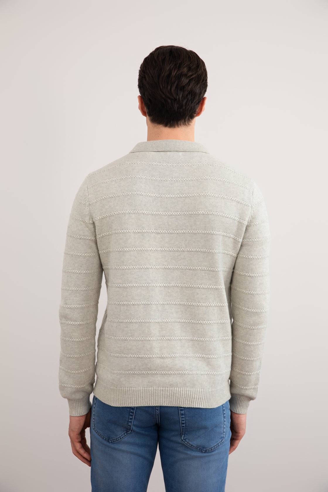 Grey Mélange Knit Texture Open Polo Sweater - Tour&Tate