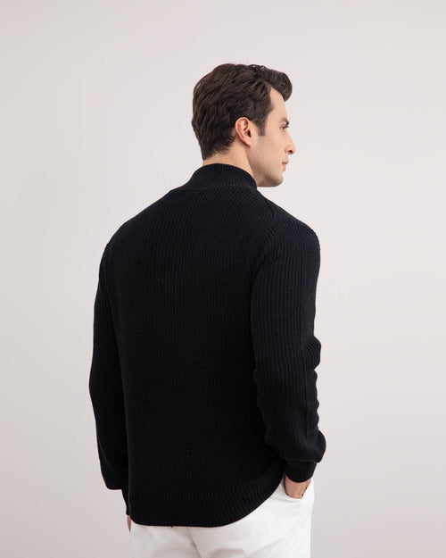 Black Ribbed Zip-Up Cardigan - Tour&Tate