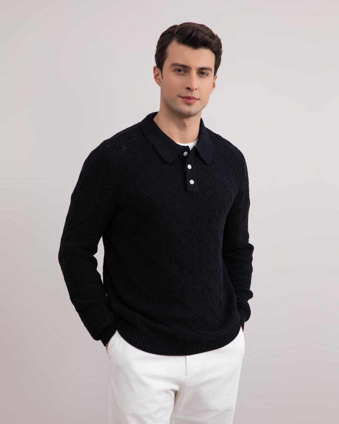Black Honeycomb Polo Sweater - Tour&Tate