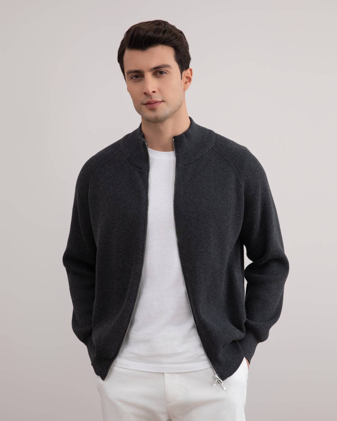 Dark Grey Mélange English Rib Full Zip Cardigan - Tour&Tate