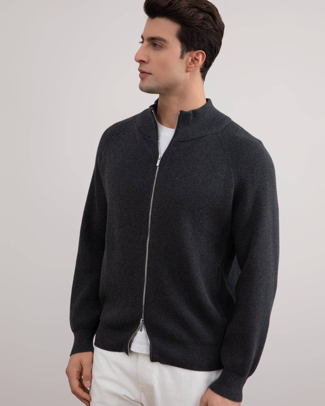 Dark Grey Mélange English Rib Full Zip Cardigan - Tour&Tate