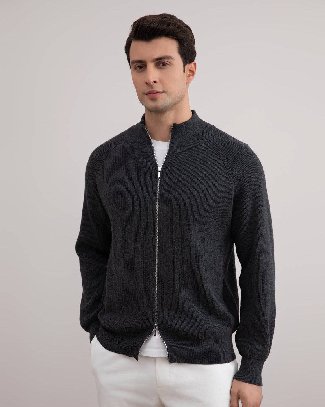 Dark Grey Mélange English Rib Full Zip Cardigan - Tour&Tate