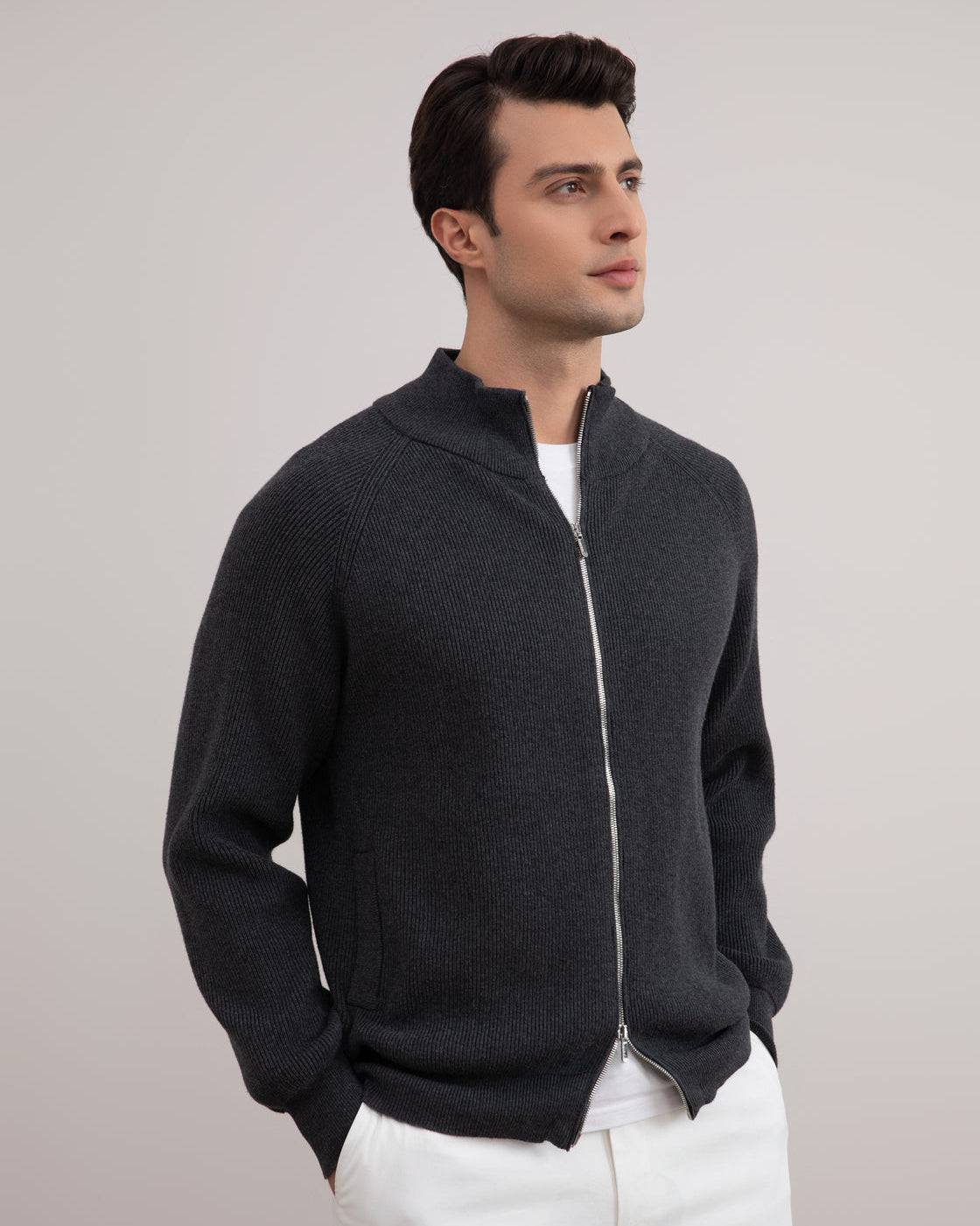 Dark Grey Mélange English Rib Full Zip Cardigan - Tour&Tate