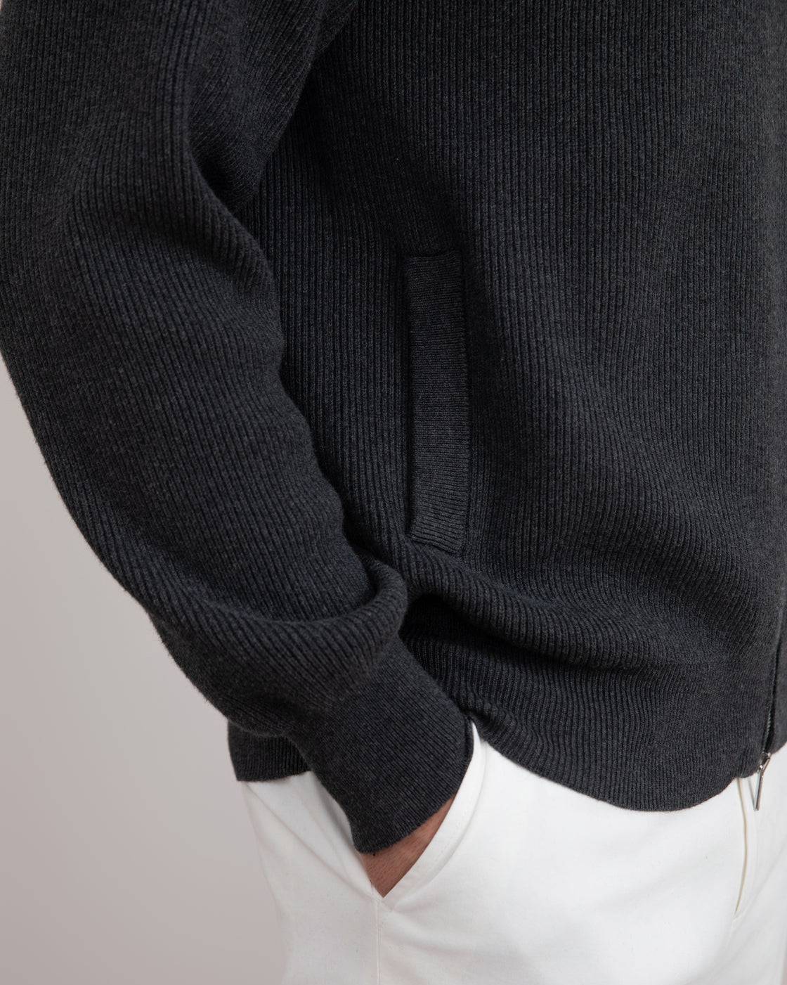 Dark Grey Mélange English Rib Full Zip Cardigan - Tour&Tate