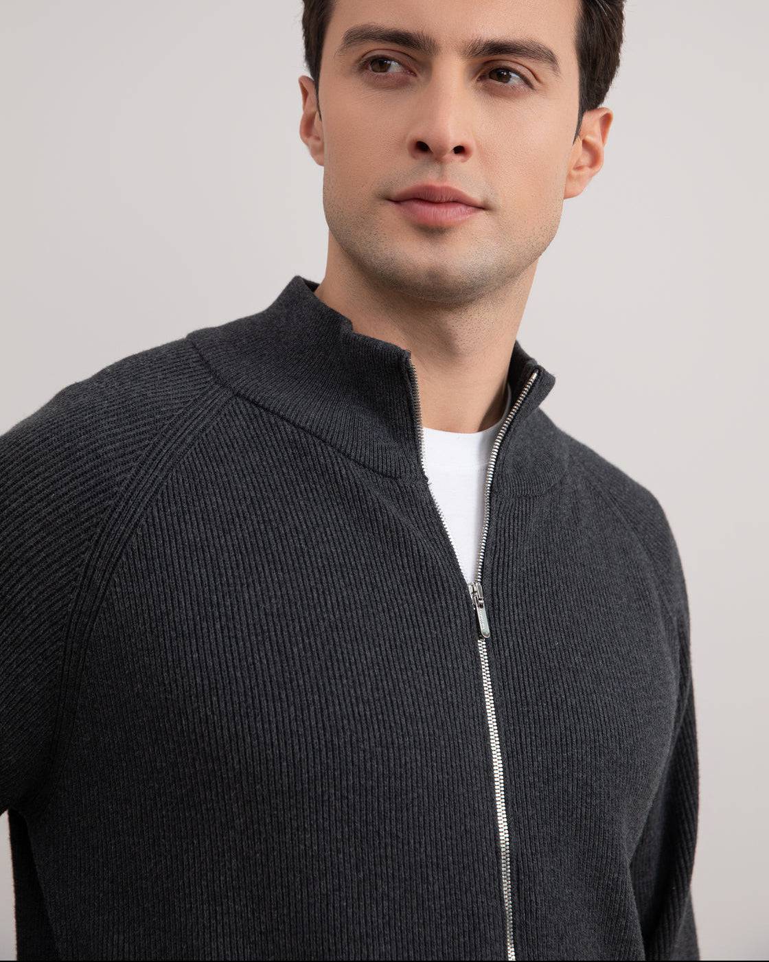 Dark Grey Mélange English Rib Full Zip Cardigan - Tour&Tate