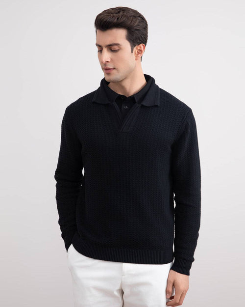 Black Textured Open Polo Sweater - Tour&Tate