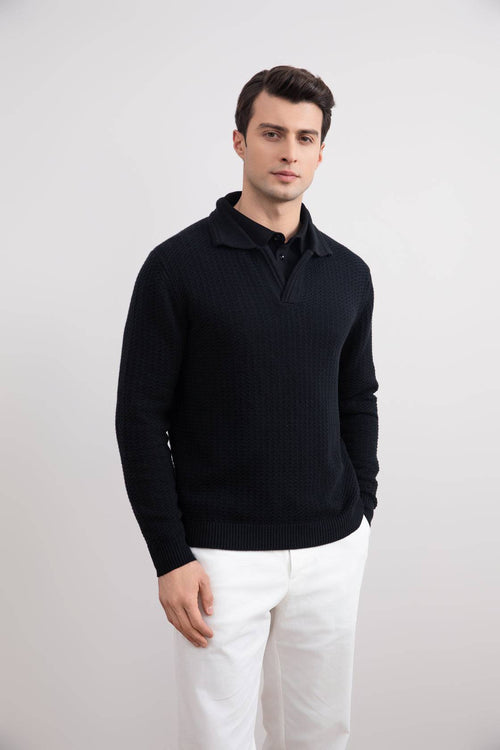 Black Textured Open Polo Sweater - Tour&Tate