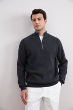 Charcoal English rib turtleneck half-zip sweater - Tour&Tate