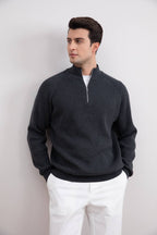 Charcoal English rib turtleneck half-zip sweater - Tour&Tate