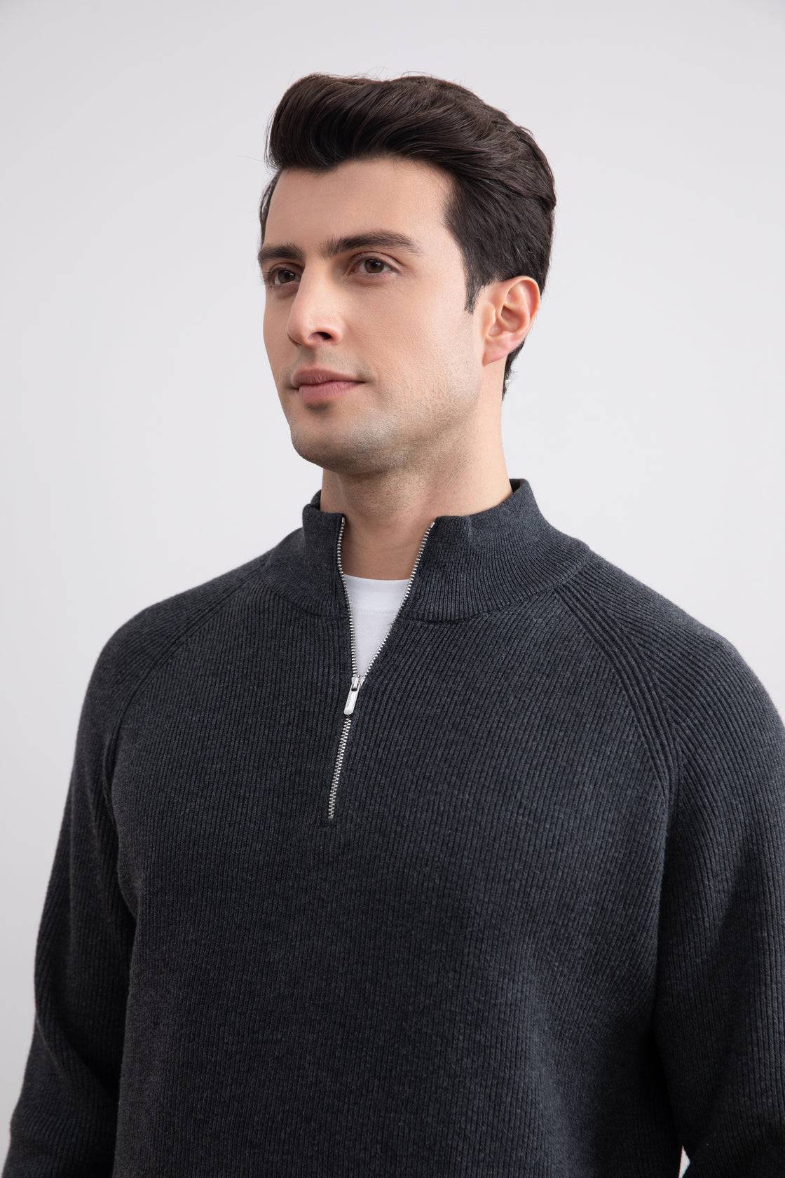 Charcoal English rib turtleneck half-zip sweater - Tour&Tate