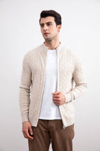Beige Cable Knit full-zip Sweater - Tour&Tate