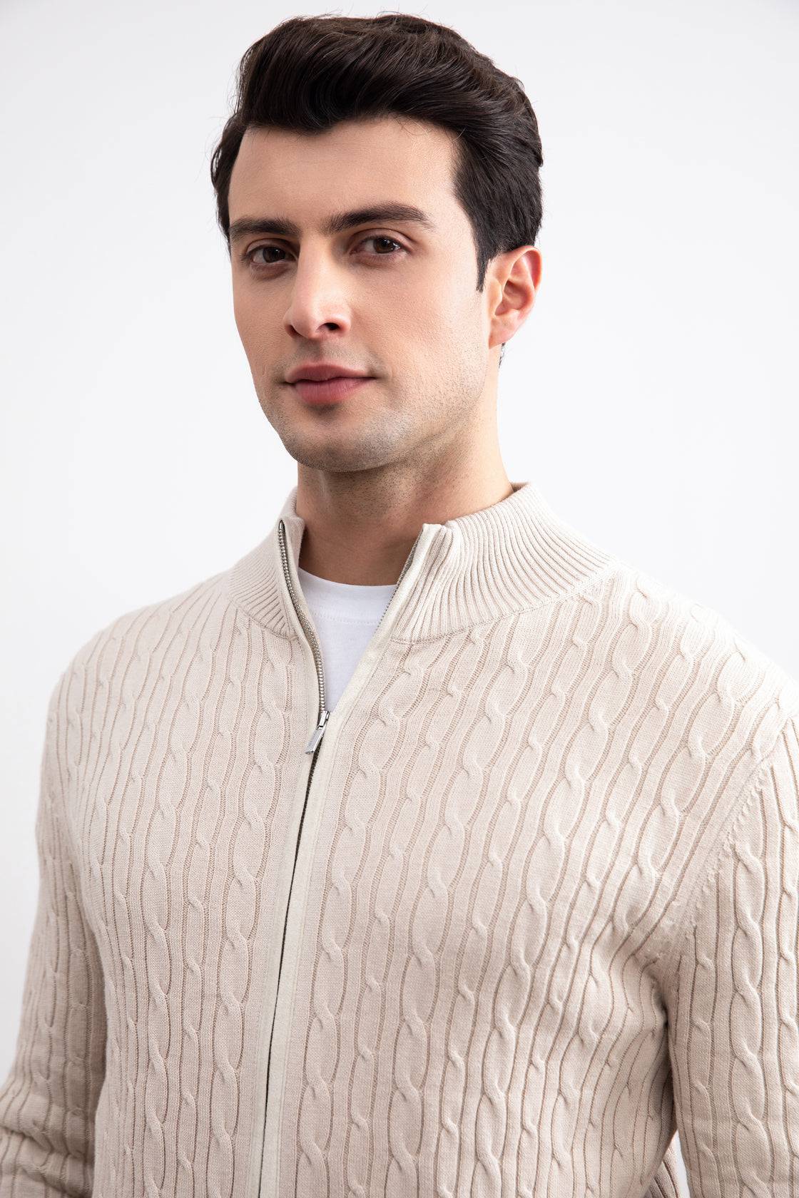Beige Cable Knit full-zip Sweater - Tour&Tate