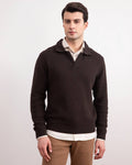 Dark Brown Textured Open Polo Sweater - Tour&Tate