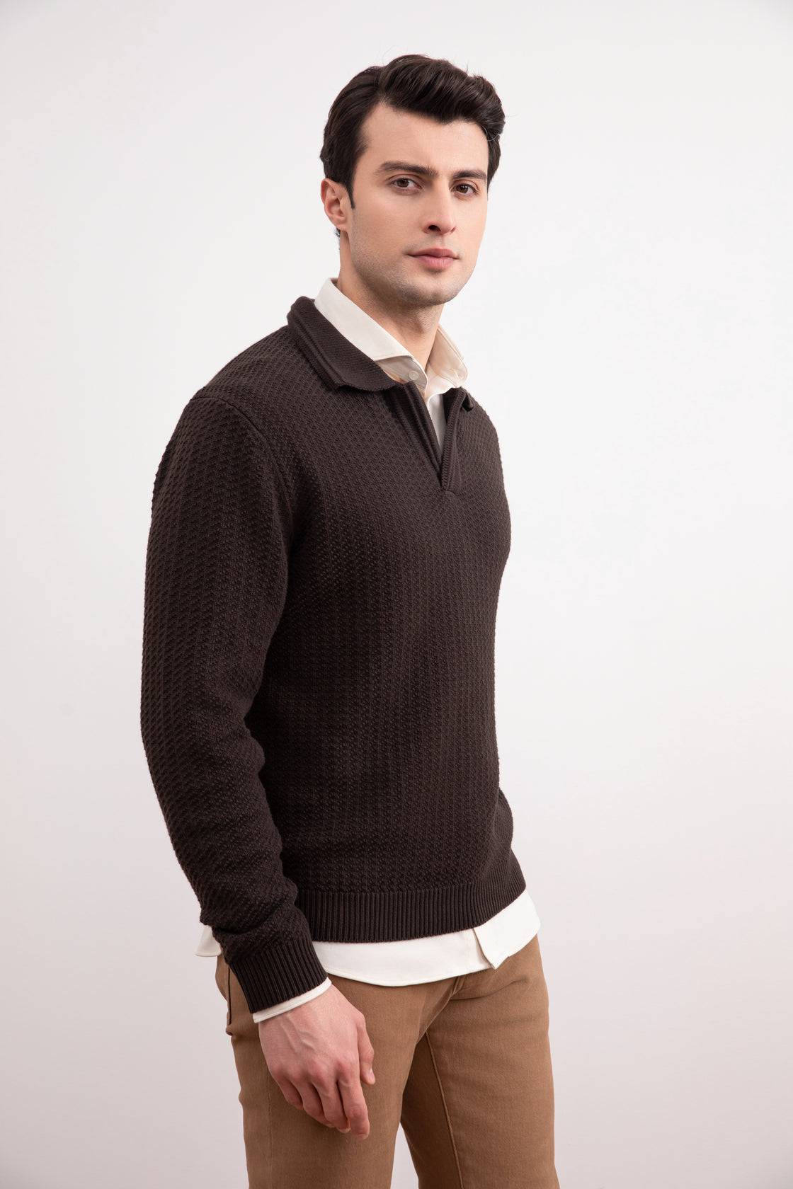 Dark Brown Textured Open Polo Sweater - Tour&Tate