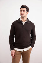 Dark Brown Textured Open Polo Sweater - Tour&Tate