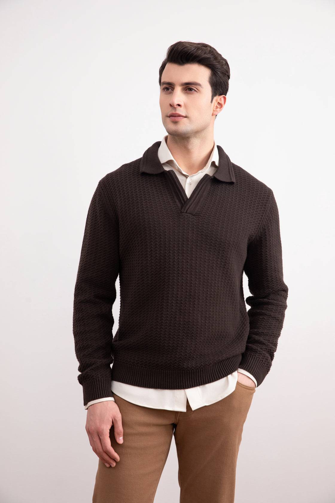 Dark Brown Textured Open Polo Sweater - Tour&Tate