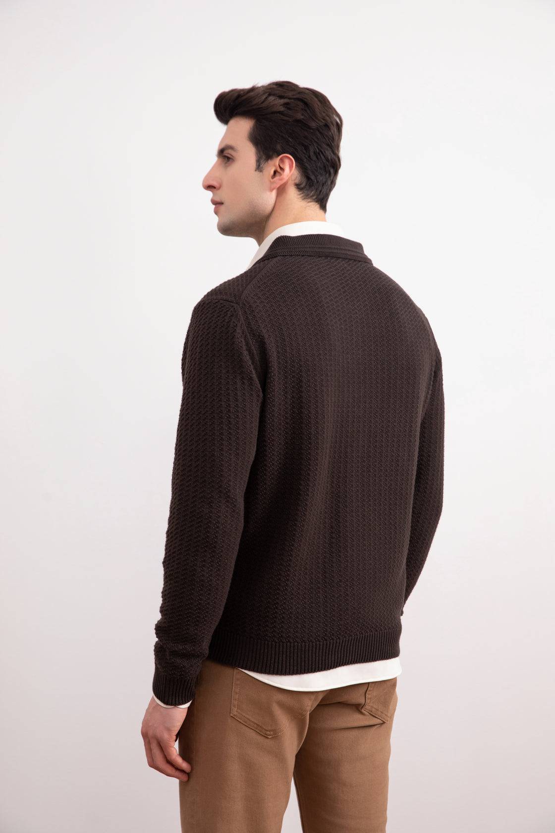 Dark Brown Textured Open Polo Sweater - Tour&Tate