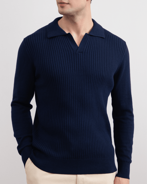 Blue Striped Open Polo Shirt - Tour&Tate