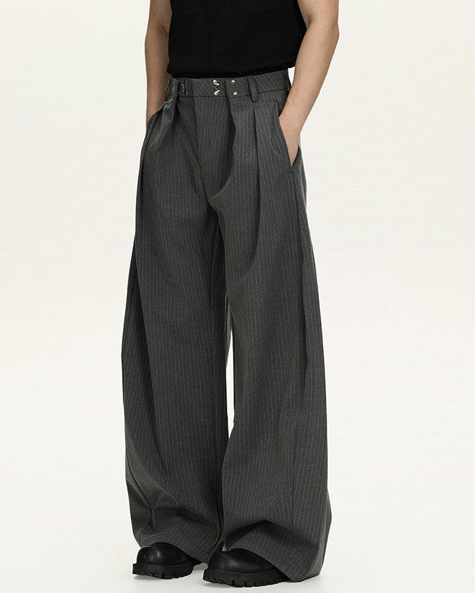 Pinstripe Wool Blend Wide Leg Trousers