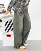 The Retro Plaid Patchwork Washed Jeans